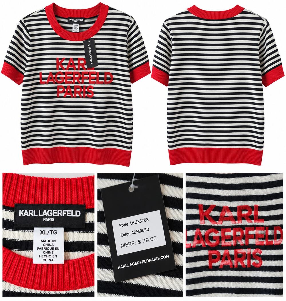 KARL LAGERFELD Paris Striped Knit Sweater Top XL Red Black Cream